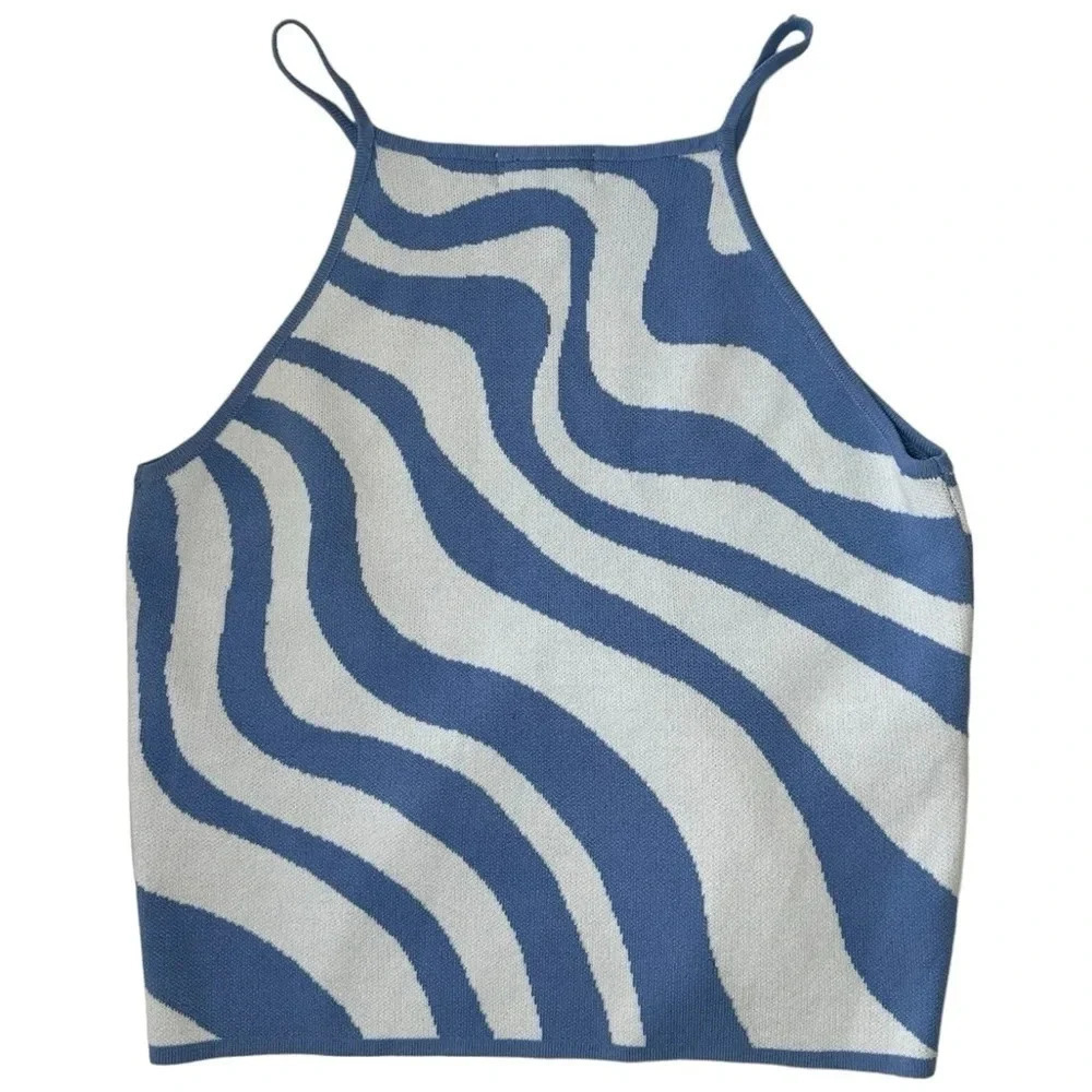 Sunland 17 Blue / White Patterned Soft Knit Cropped Tank Size L Y2K - Picture 2 of 5